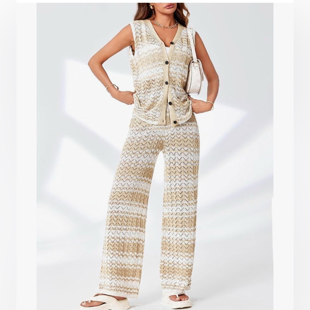 NWT BEIGE KNIT CROCHET 2PC SET COVERUP-S - Picture 10 of 17